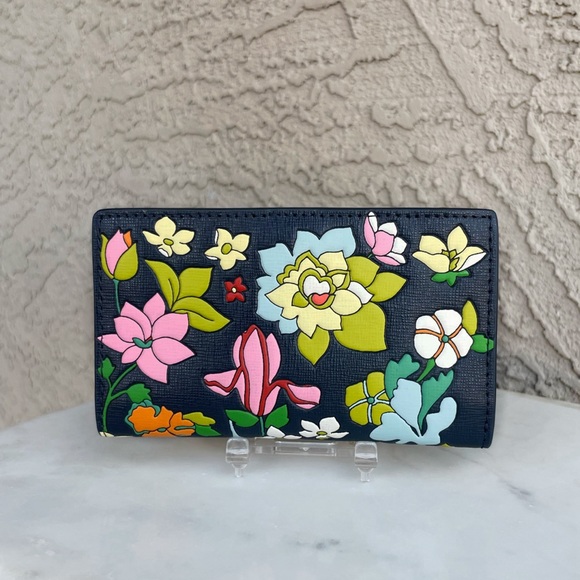 KATE SPADE Navy Pink Embossed Floral Garden Flower Bed Small Slim Bifold Wallet - Picture 3 of 16